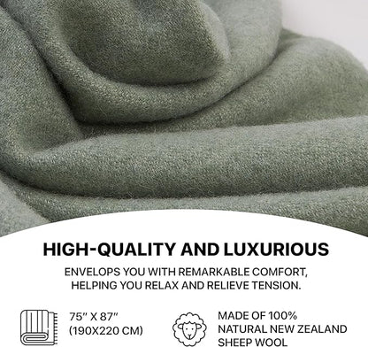 | Wool Blanket/Throw | 100% New Zealand Wool | Perfect for Home and Outdoors | Virgin Wool Throw with Fringes 75"x87" (190 x 220 cm)