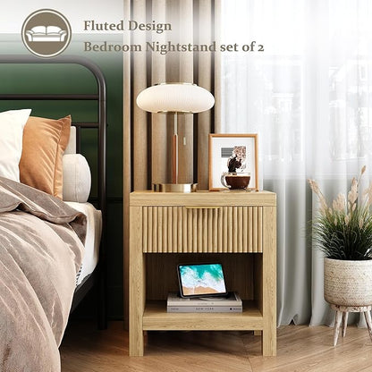 Nightstand Set of 2, End Table with 2 Drawers, Modern Bed Side Table with Storage, Farmhouse Fluted Cabinet Bedside Cabinet for Bedroom Living Room Sofa Couch Office Natural Oak