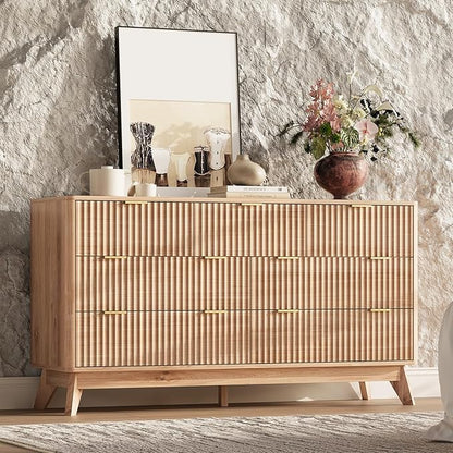 54'' Wide 7 Drawers Dresser for Bedroom,Modern Fluted Vertical Chest with Rounded Corners,Fluted Dresser for Living Room,Hallway, Natural Wood