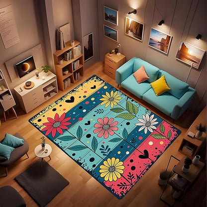 Machine Washable 2' x 3' Folk Art Print Style Area Rug, Flowers Floor mat, Suitable for bedrooms, Girls' Room Bedside, Living Room, Dining Room, Office, Non-Slip Low-Pile Retro, Fashionable Carpet