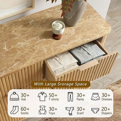 win2win 9 Drawer Dresser, Modern Dresser with Storage, 55" Wide Fluted Chest of Drawers with Faux Marble Top, Dressers TV Stand, Minimalist Drawers Organizer for Bedroom, Living Room, Hallway, Oak