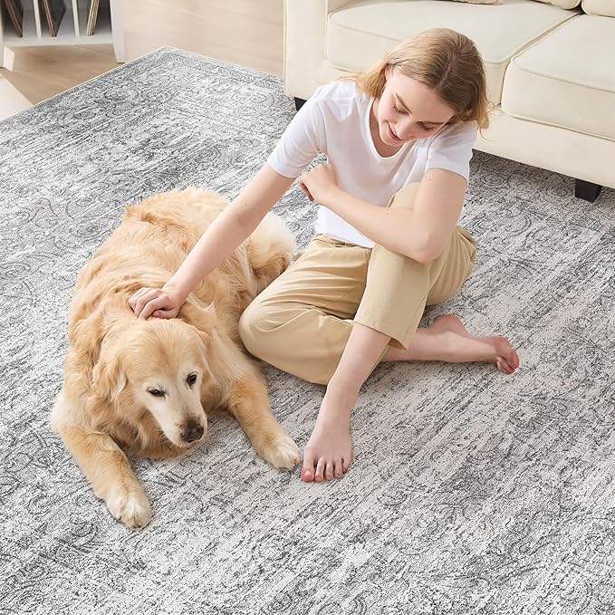 Area Rug Living Room Rugs - 8x10 Abstract Large Soft Indoor Washable Rug Neutral Modern Low Pile Carpet for Bedroom Dining Room Farmhouse Home Office - Vintage Grey