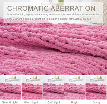 Chunky Knit Throw Blanket 60"X 80", 100% Handmade with Soft Chenille Yarn, 4.4lbs Thick Cable Knitted Blankets, Large Rope Knot Crochet Throws for Couch Sofa Bed Home Decor, Hot Pink