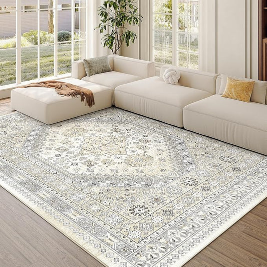 zesthome 5x7 Area Rugs - Ultra-Thin Washble Rug, Stain Resistant Anti Slip Backing Rugs for Living Room,Bedroom, Vintage Home Decor Area Rug (Beige,5'x7')