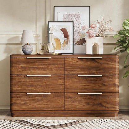 6 Drawer Dresser for Bedroom, 54" Wide Modern Chest of Drawers with Metal Handle, Curved Profile Design, Wooden Walnut Dresser Closet Clothes Storage TV Stand for Living Room, Hallway