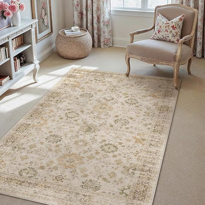 Beige 3x5 Area Rug Non Slip Vintage Office Entryway Rug Distressed Machine Washable Kitchen Carpet Retro Traditional Floral Accent Throw Door Mat for Bedroom Bathroom Dining Living Room