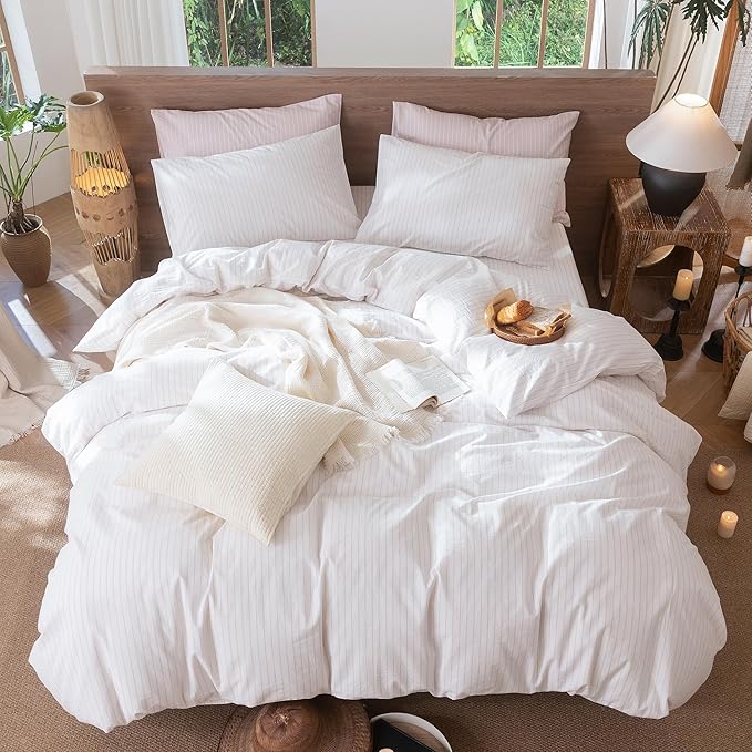 MooMee Striped Duvet Cover Set 100% Washed Cotton Linen Like Textured Breathable Durable Soft Comfy (White Heathered Greyish Pink Wide Stripes, Queen 90"x90")