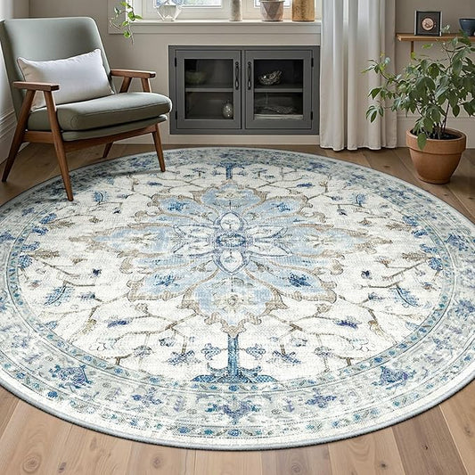 Area Rugs 6ft Washable Non-Slip, Floral Vintage Distress Print Pattern Medallion Carpet for Living Room Bedroom Dining Room, Light Blue Navy Beige Gray White