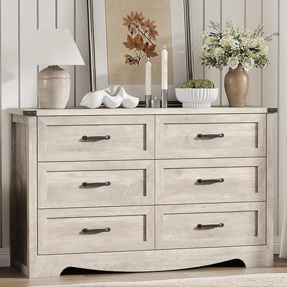 Dresser for Bedroom with 6 Drawers, 54" Wide Wood Chest of Drawers with Deep Drawers & Mental Handle, Modern Dresser TV Stand, Wooden Closet Storage Organizer for Living Room, Hallway, Entryway, Grey