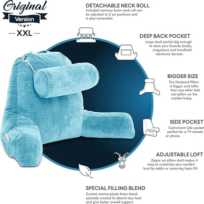 Husband Pillow XXL - Reading Pillow Bed Chair with Arms & Back Support - Carolina Blue - Back Pillow for Sitting Up - Bed Rest Arm Pillow - Comfy Reading Pillow for Adults