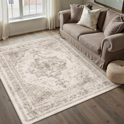 Area Rug 4x6 Beige Washable Office Entryway Vintage Medallion Carpet Non Slip Retro Indoor Mat Low Pile Soft Distressed Small Rug for Bedroom Kitchen Laundry Dining Room