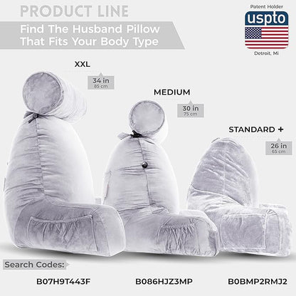 Husband Pillow Medium Light Grey, Backrest for Kids, Teens, Petite Adults - Reading Pillows with Arms, Adjustable Loft, Plush Memory Foam, Bed Rest Chair Sitting Up, Detach Neck Roll, Removable Cover