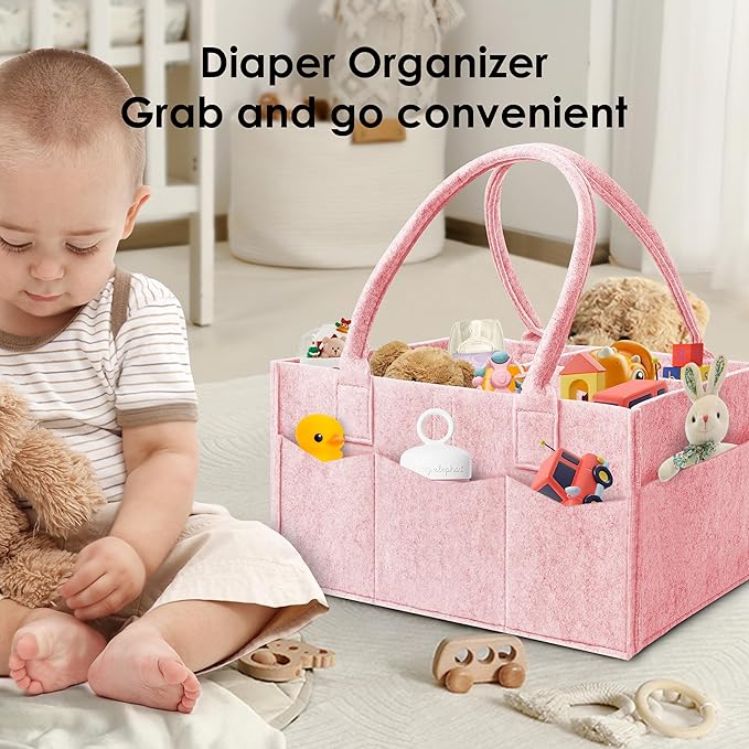 HIPHOP PANDA 2-Pack Diaper Caddy Organizer - Nursery Storage Bin & Car Organizer for Diapers, Wipes, and Baby Essentials - Dual-Color Solid Set (Pink/Oatmeal), Large Size