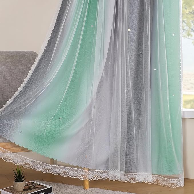 XiDi Curtains for Bedroom Decor, Rainbow Green LightgreyGrey52/54/1