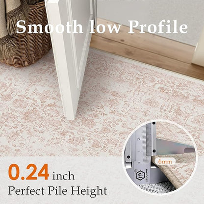 Pink Area Rug 4x6 Office Entryway Rug Machine Washable Kitchen Vintage Distressed Non Slip Carpet Indoor Retro Floral Accent Throw Door Mat for Bathroom Bedroom Dining Living Room