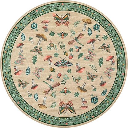 Mushroom Insect 3ft Round Rug Washable Non-Slip Soft Ultra-Thin Small Boho Circle Carpet for Entryway Kitchen Bedroom Nursery Dining Room Khaki Green