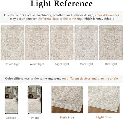 Beige 8x10 Area Rug Washable Vintage Carpet for Living Room Bedroom Large Soft Retro Floral Low Pile Thin Indoor Rug Non Slip Central Medallion Floor Cover for Dining Room Office