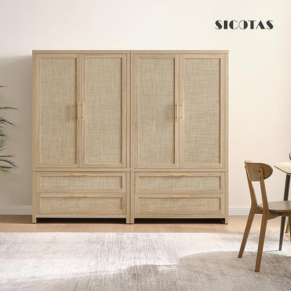 SICOTAS Larger Armoire Wardrobe Closet, 71" Tall Rattan Freestanding Wardrobe Closet Cabinet with Storage and 2 Drawers, Boho Armoire Clothes Organizer with Hanging Rod for Bedroom, Light Oak (2 PCS)