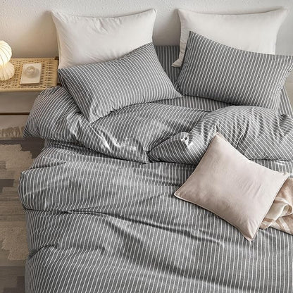 MooMee Striped Duvet Cover Set 100% Washed Cotton Linen Like Textured Breathable Durable Soft Comfy (Dark Grey White Wide Stripes, Twin 68"x90")