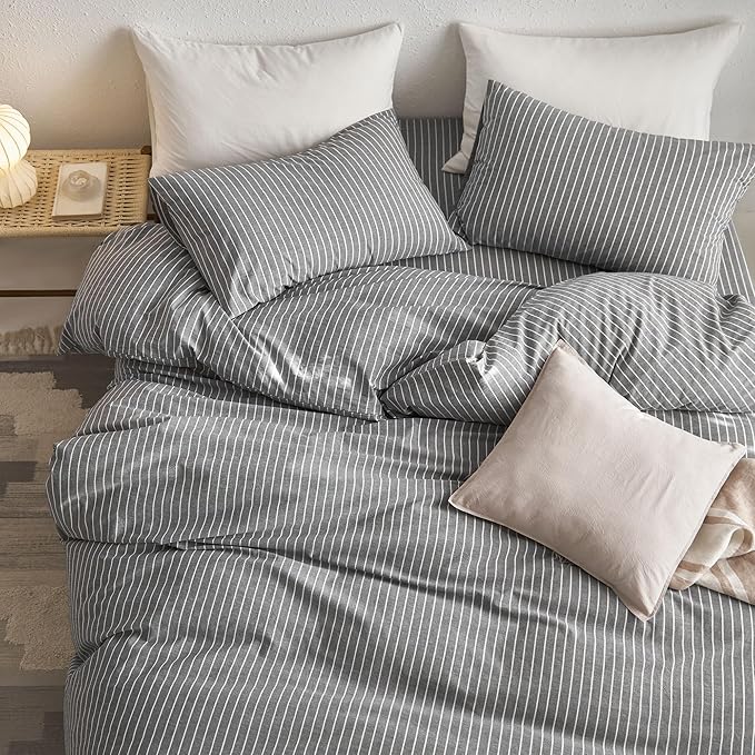 MooMee Striped Duvet Cover Set 100% Washed Cotton Linen Like Textured Breathable Durable Soft Comfy (Dark Grey White Wide Stripes, Alaska King 132"x120")