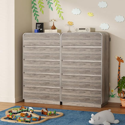 Tall Dresser for Bedroom with 5 Drawers, Fluted Chest of Drawers with Round Curved Corner, Hidden Handles, Modern Wood Storage Organizer for Bedroom, Nursery, Living Room