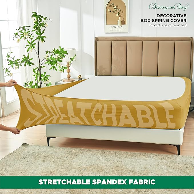 Biscaynebay Decorative Box Spring Cover Full & Full XL Size, Gold Luxurious Jersey Knitting Stretchy Wrap Around 4 Sides Bed Skirt for Home/Hotels, Easy Fit Wrinkle & Fade Free Machine Washable