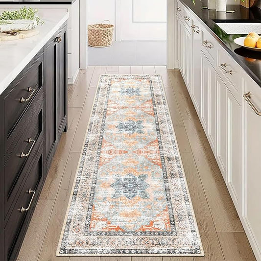 Runner Rug 2'x8' Vintage Washable Non-Slip Runners for Hallways Kitchen Entryway Laundry Room Floral Carpet Hallway Runner Orange