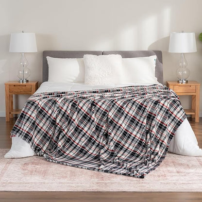 Berkshire Blanket-Classic Heavyweight Warm Soft Printed VelvetLoft® Plush Blanket, King Size Soft Fuzzy Blanket for Couch Sofa Bed, Plaid Black Red, 90in x 108in