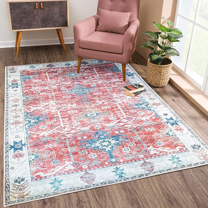 Bloom Rugs Washable Non-Slip 3' x 5' Rug - Red/Blue Traditional Area Rug for Living Room, Bedroom, Dining Room, and Kitchen - Exact Size: 3' x 5'