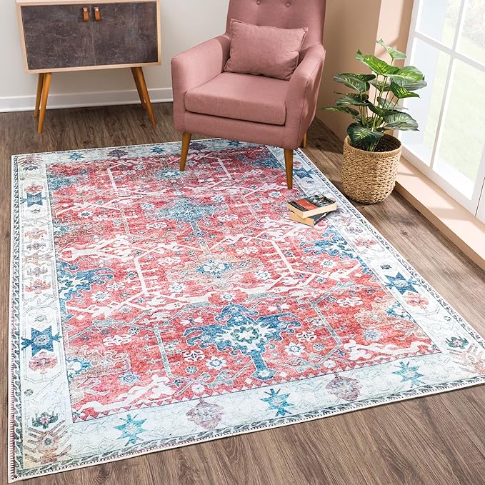 Bloom Rugs Washable Non-Slip 5' x 7' Rug - Red/Blue Traditional Area Rug for Living Room, Bedroom, Dining Room, and Kitchen - Exact Size: 5' x 7'