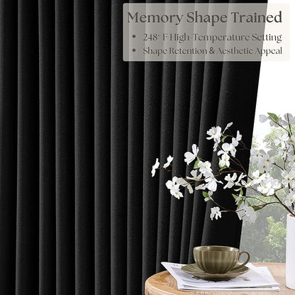 Black Pleated Linen Blackout Curtains 84 Inches Long for Bedroom Living Room Pinch Pleat Black Out Thermal Insulated Ring Hooks Back Tab Room Darkening Modern Drapes Window Curtains with Liner