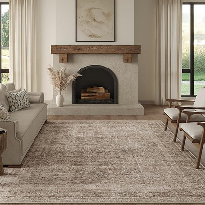 FMFUNCTEX 5x7 Washable Area Rug Neutral Vintage Taupe Non Slip Low Pile Traditional Indoor Carpet for Living Room Bedroom Soft Retro Floral Mat Throw Rug for Dining Office Kitchen Dorm Entryway