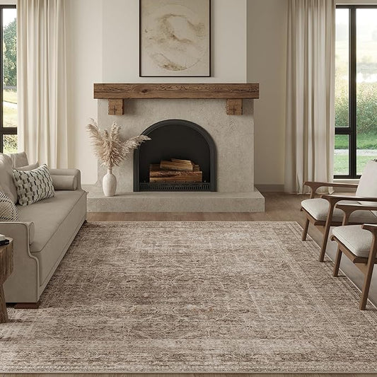 FMFUNCTEX 6x9 Washable Area Rug Vintage Neutral Distressed Large Taupe Non Slip Carpet for Living Room Bedroom Soft Low Pile Indoor Mat Retro Floral Throw Rug for Dining Room Kitchen Office Nursery