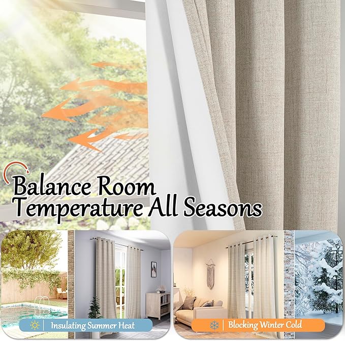 Beige 100% Blackout Curtains for Living Room 72 Inch Length 2 Panels Set, Thermal Insulated Light Blocking Polyester Linen Curtains for Bedroom, Bronze Grommet Boho Window Drape Each 52" Wide