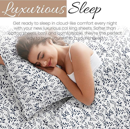 Linen Market 4 Piece California King Bedding Sheet Set (Navy Vines) - Sleep Better Than Ever with These Ultra-Soft & Cooling Bed Sheets for Your Cal King Size Bed - Deep Pocket Fits 16" Mattress