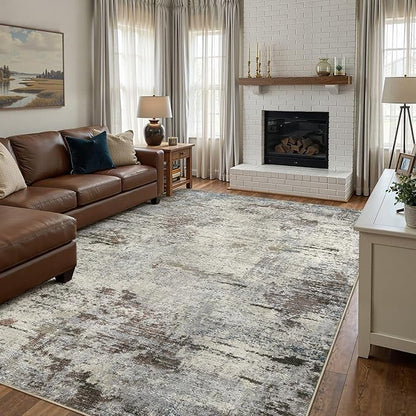 Area Rug Living Room Rugs - 10x14 Washable Large Soft Indoor Neutral Modern Abstract Low Pile Rug Carpet for Bedroom Dining Room Farmhouse Home Office - Brown Rust