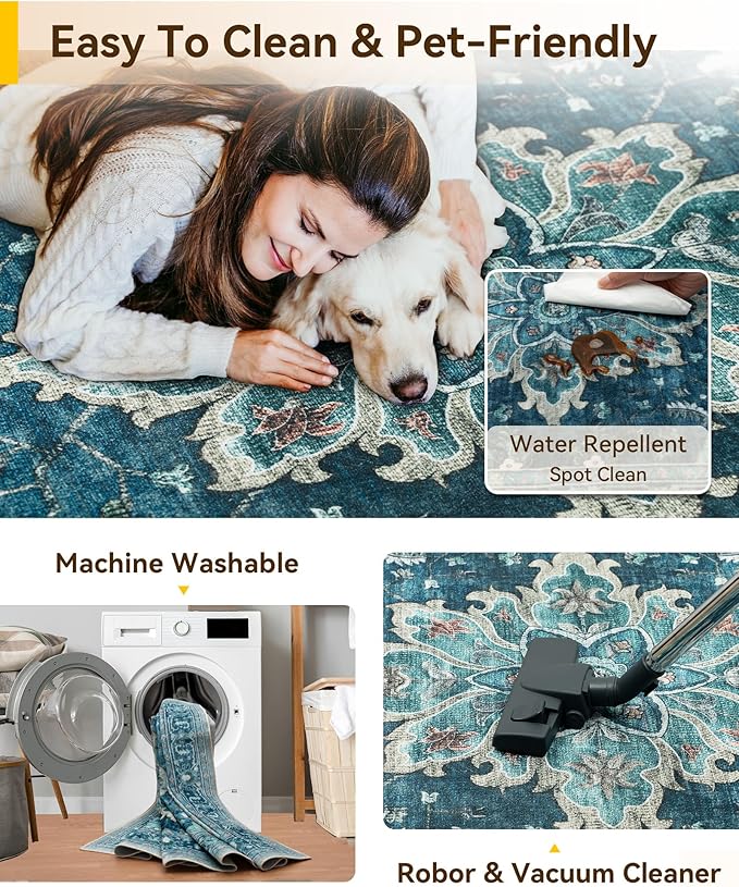 Area Rugs 3'x12' Washable Non-Slip, Floral Vintage Distress Print Pattern Medallion Carpet for Living Room Bedroom Dining Room, Teal Green Lake Blue Turquoise