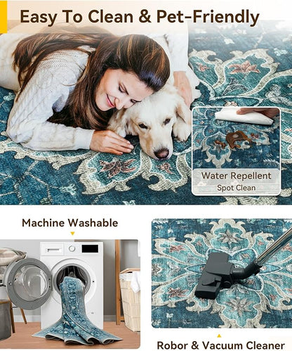 Area Rugs 4'x5' Washable Non-Slip, Floral Vintage Distress Print Pattern Medallion Carpet for Living Room Bedroom Dining Room, Teal Green Lake Blue Turquoise