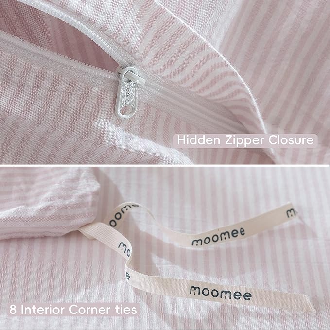 MooMee Striped Duvet Cover Set 100% Washed Cotton Linen Like Textured Breathable Durable Soft Comfy (Heathered Greyish Pink Pinstripes, Twin 68"x90")