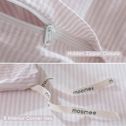 MooMee Striped Duvet Cover Set 100% Washed Cotton Linen Like Textured Breathable Durable Soft Comfy (Heathered Greyish Pink Pinstripes, Queen 90"x90")