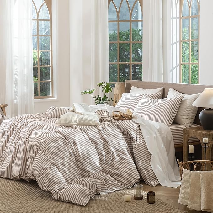 MooMee Striped Duvet Cover Set 100% Washed Cotton Linen Like Textured Breathable Durable Soft Comfy (Orange Classic Stripes, Super King 108"x98")