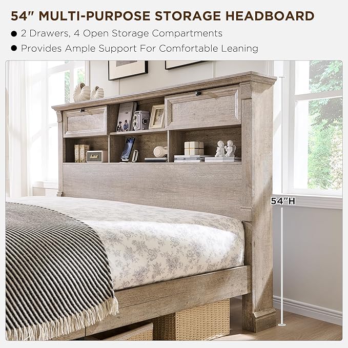 T4TREAM Farmhouse Queen Size Bed Frame with 54" Tall Storage Bookcase Headboard, Wood Platform Bed Frame with 18" Roman Column Decoration Footboard & 2 Drawers, No Box Spring Needed(Light Rustic Oak)