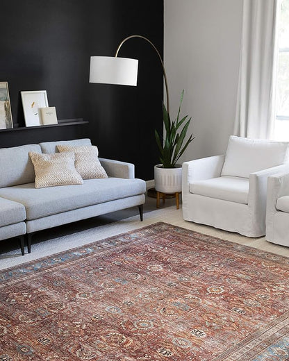 Loloi Layla Collection LAY-01 Brick/Blue 9'-0" x 12'-0" .13" Thick Area Rug, Soft, Durable, Vintage Inspired, Distressed, Low Pile, Non-Shedding, Easy Clean, Printed, Living Room Rug