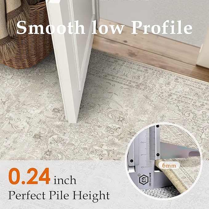 Beige 2x8 Runner Rug Washable Vintage Long Carpet for Hallway Kitchen Soft Retro Floral Low Pile Indoor Runner Non Slip Central Medallion Throw Rug for Bathroom Bedroom Laundry Dining Room