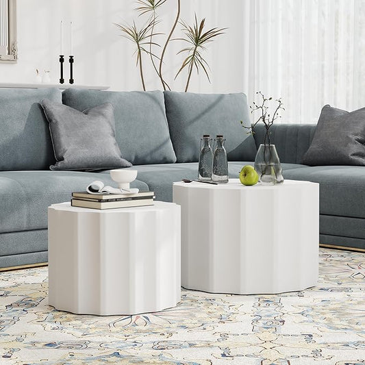 Nesting Coffee Table Set of 2, Round Coffee Tables, Space-Saving Modern Circle Coffee Tables, Side End Table for Living Room, Bedroom, Balcony, Office, White