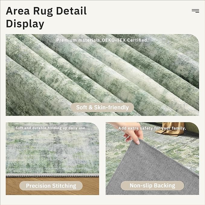 Abstract Rug 5x7 Machine Washable Area Indoor Green Low Pile Non-Slip Foldable Thin Accent Rugs for Bedroom Living Room Dining Room
