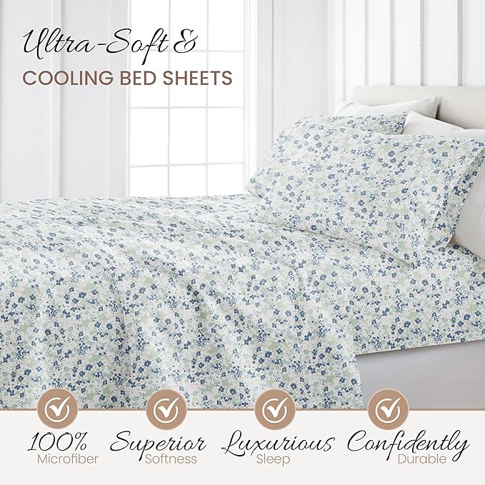 Linen Market Patterned Microfiber King Sheet Set 4 Piece – Oeko-TEX Certified Ultra Soft & Wrinkle-Free - 16" Deep Pocket Sheets - Easy Care King Size - Violets Light Blue