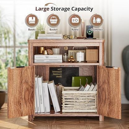 Fluted Nightstand with Charging Stations, 23.6" Wide Walnut Nightstand with Storage Drawers, Side Tables, Modern Farmhouse End Tables for Bedroom, Walnut Brown