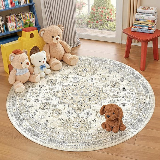 zesthome Washable Round Area Rugs - Non-Slip 6ft Round Rugs, Ultra-Thin Large Circle Rugs for Living Room, Soft Low Pile Rug for Bedroom, Kitchen, Nursery - Vintage Stain Resistant Round Rug