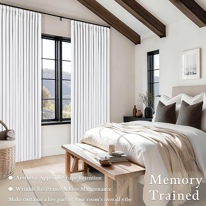 Pinch Pleated Blackout Curtains 102 Inches Long for Bedroom 100% Black Out Thick Linen Dual Layer Pinch Pleat Drapes with Back Tab Farmhouse Country Snow White 102 Inch Curtain for Dining Living Room